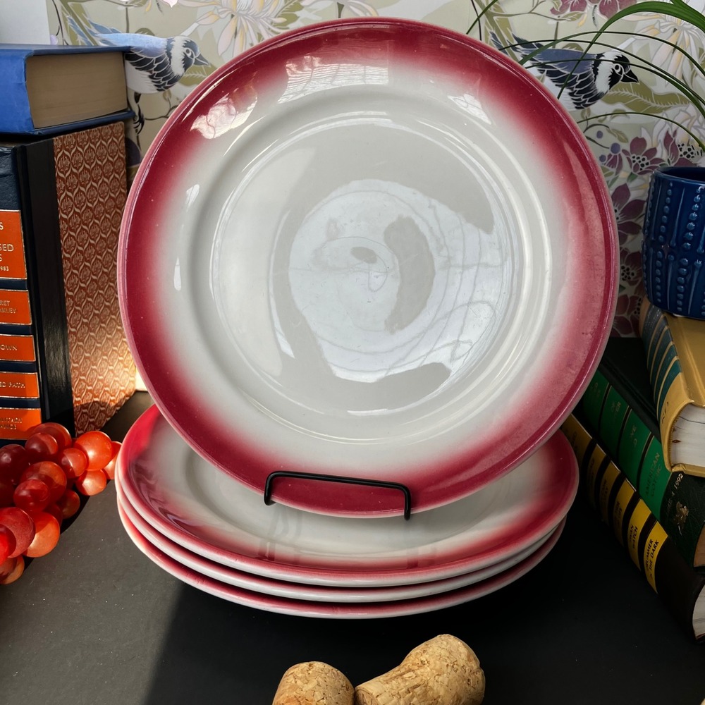 Homer Laughlin Best China Red Airbrush Rim 9 Inch Dinner Plates Set of 4 USA